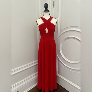Guess NWT Red Formal Lace Pleated Maxi Dress w/ Cut Outs & Crisscross Neckline
